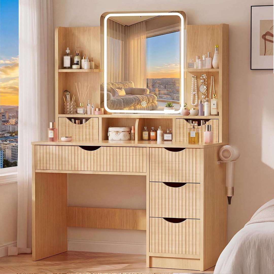 Vanity Desk with Mirror and Lights, Makeup Vanity Table with Large 6 Drawers Modern Fluted Wooden Dressing Table with Jewelry Hook 3 Color Modes Adjustable LED Mirror for Women Girls Room or Dorm