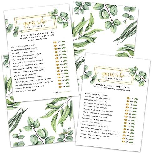 Hat Acrobat Guess Who Mommy or Daddy Baby Shower Game Cards - 50 Double-Sided Greenery Baby Shower Games Mommy or Daddy Game Cards