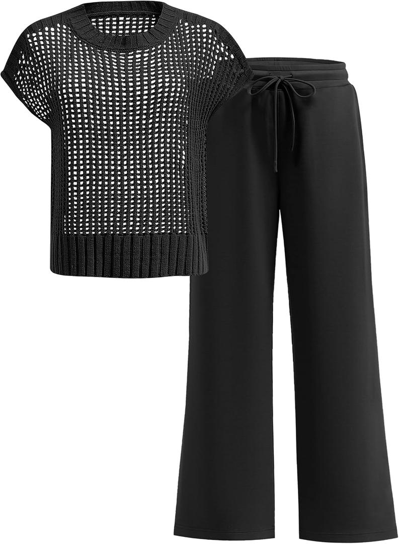 Women Two Piece Outfits Crochet Sheer Knit Sweater Top Wide Leg Pants Lounge Matching Sets Sweatsuit Travel Clothes (X-Large, Black)