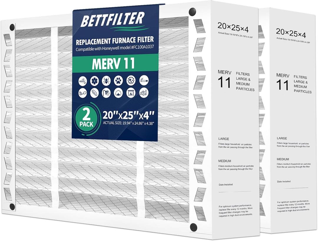 20x25x4 AC Furnace Air Filter Compatible with Honeywell FC100A1037, MERV 11 HAVC Filter Replacement, Actual Size:19.94"x24.86"x4.38", Pack of 2