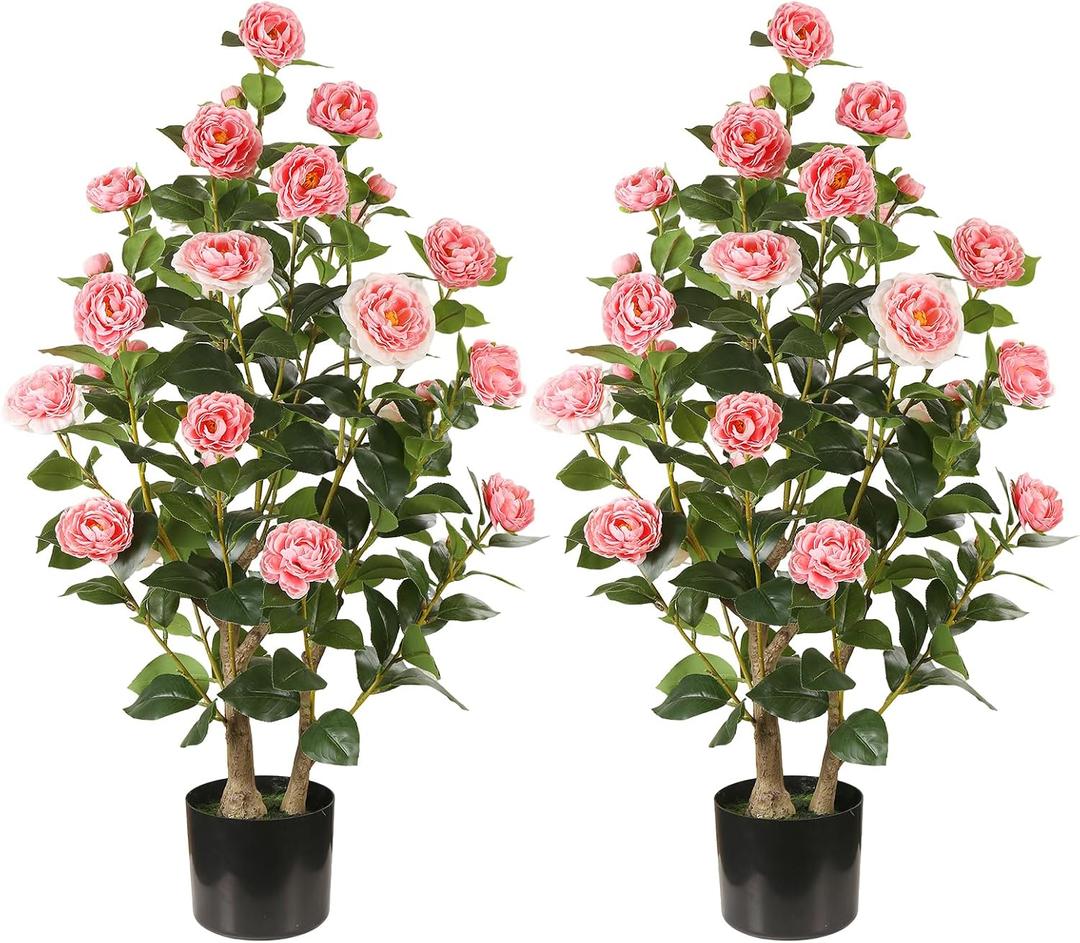Artificial Camellia Tree, 3FT, Pink Flowers, 2 Pack