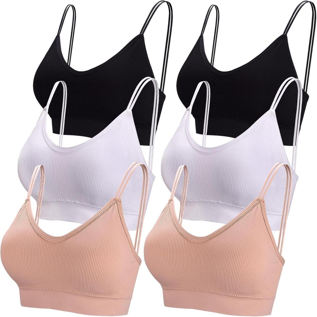 BQTQ 6 Pcs V Neck Bralettes for Women Padded Bralette with Straps Seamless Bra (Large, Black, White, Beige)
