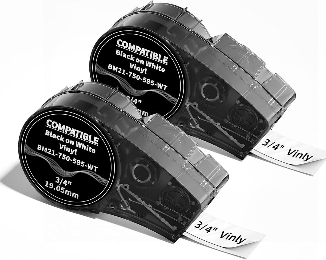 Compatible with M21-750-595-WT 3/4 inch Vinyl Industrial Labeling Tape Black on White High Adhesion, Work for M210, M211, BMP21-Plus, BMP21 LAB Printer, 0.75" W x 21' L, 2-Pack