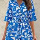 PRETTYGARDEN Womens Rompers for Summer 2025 Beach Vacation Clothes Short Sleeves Floral Jumpsuits Beach Cover Up (Blue, XL)