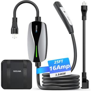 Portable Level 1/2 EV Charger for Tesla, 16Amp NACS Car Charger with 110V-240V, 25FT Extension Cable, NEMA 6-20 Plug, NEMA 5-15 Adapter, Home Mobile Wall Connector EV Charging Station for Tesla Cars (16A Tesla NEMA 6-20 & 5-15 Plug, Silver)