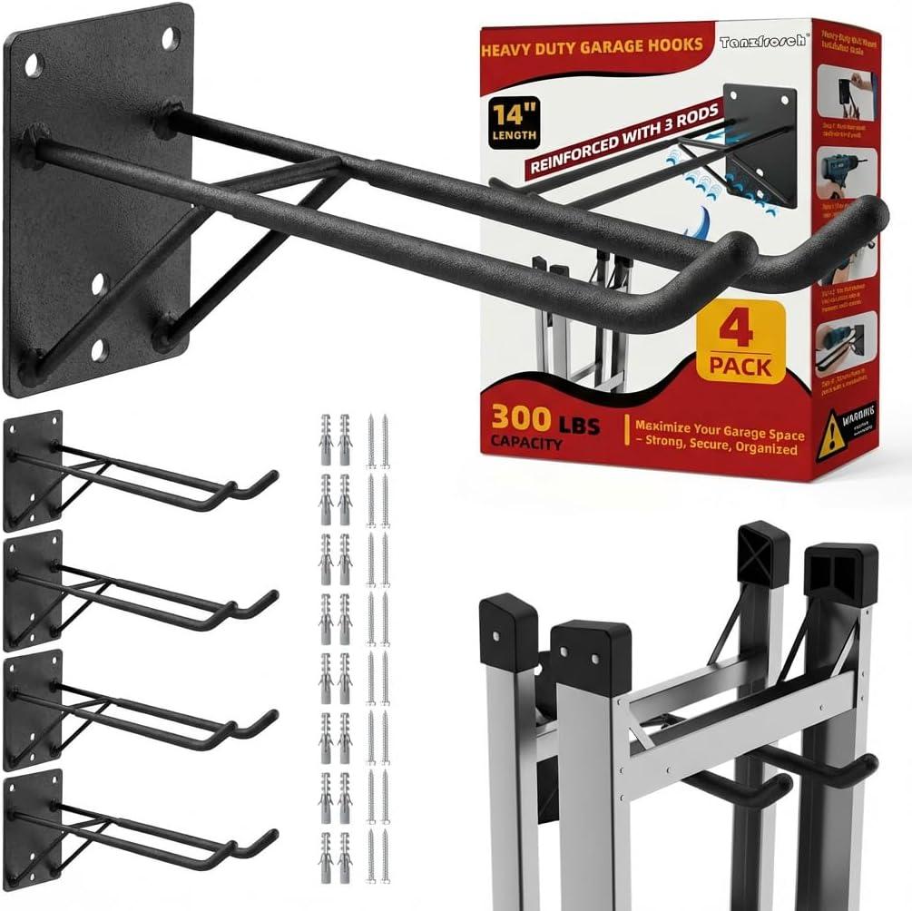 14'' Large Garage Hooks with 3 Support Rods, Heavy Duty Steel Garage Storage Wall Hooks for Garden Tool Organizer, Shed Organizer, Ladder Hooks, Car Tires, Chairs 4 Pack
