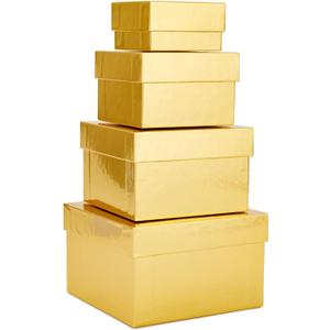 Stockroom Plus 4-Pack Square Gold Nesting Gift Boxes with Lids - Assorted 4 Sizes (6.25 x 6.25 x 4 in to 3.25 x 3.25 x 2 in) - Space-Saving & Stackable - Decorative Gold Gift Boxes