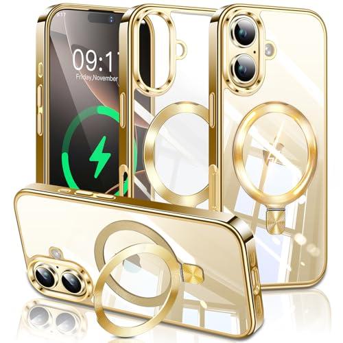 ESTPEAK Titanium Gold CD Mag-Stand Case for iPhone 16 Plus Case with Invisible Magnetic Ring, [Fit for MagSafe] [Never Yellowing] Top Clear Phone Case Cover for iPhone 16 Plus 6.7" Men Women