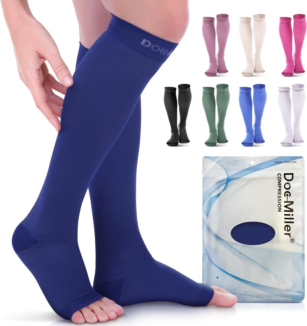 Doc Miller Open Toe Compression Socks, 20-30 mmHg, Toeless Compression Sleeves for Legs, Knee High Stockings for Shin Splints, Varicose Veins, Travel, Calf Support & Muscle Recovery, Men & Women, Pair (Medium, Dark Blue)