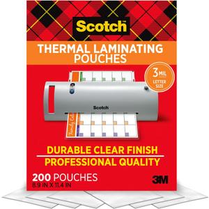 Scotch Thermal Laminating Pouches, 200 Count, Clear, 3 mil., Ideal Office or School Supplies, Fits Letter Sized Paper (8.9 in.  11.4 in.)