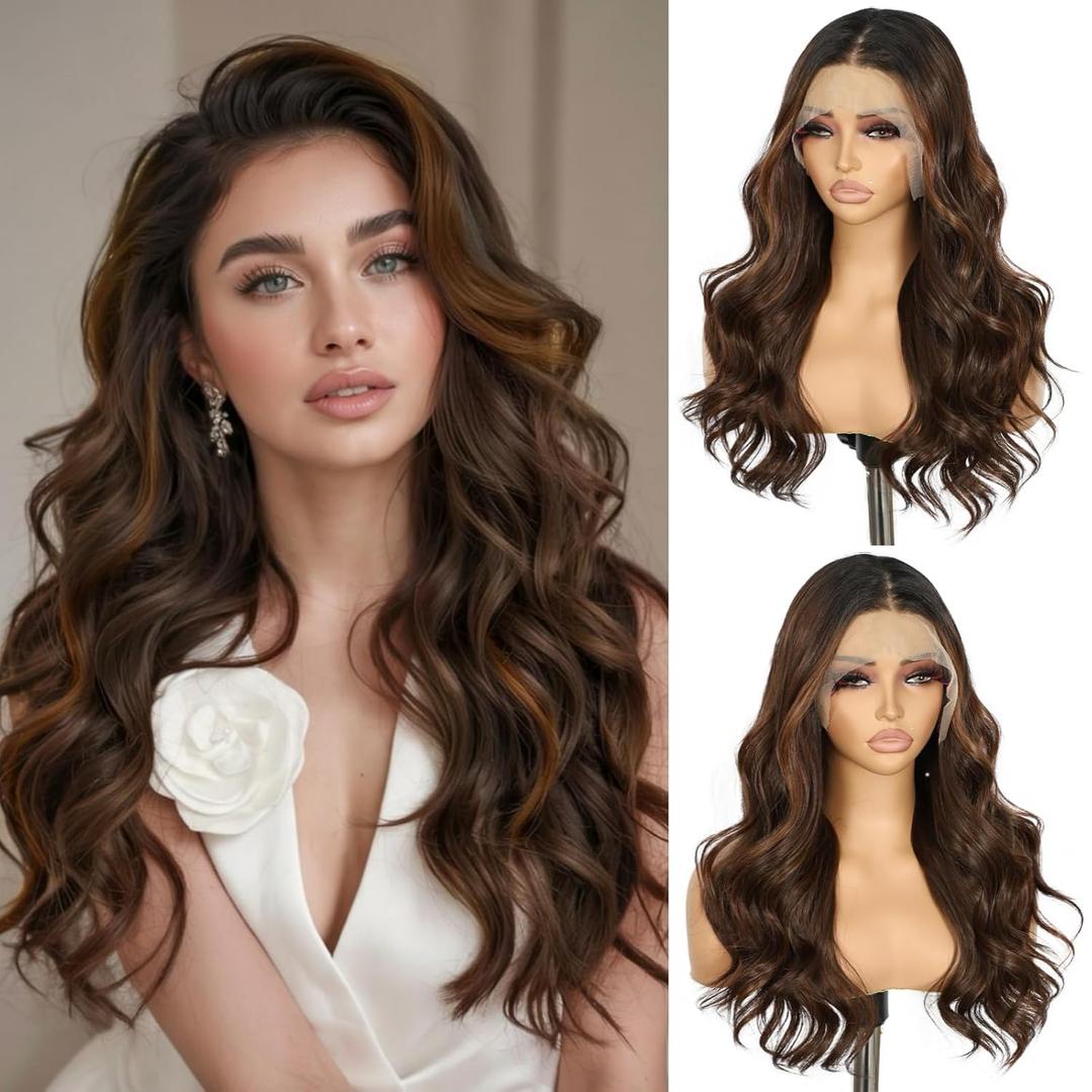 SAPPHIREWIGS 13x4 Brown Lace Front Wigs Highlight Burnt Brown Wigs Pre Plucked Loose Wave Synthetic Heat Resistant Fiber Wigs for Women Daily Party Use 20Inch