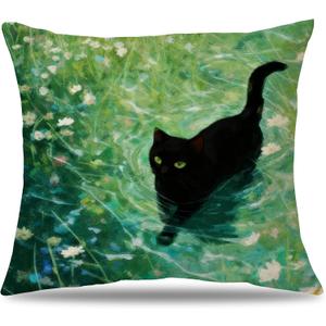 Black Cat in Floral Water Pillow Cover 18x18, Aesthetic Decor Pillow Cover, Charming Cats in Greenery Decor for Bedroom Living Room, Gift for Cat Lovers