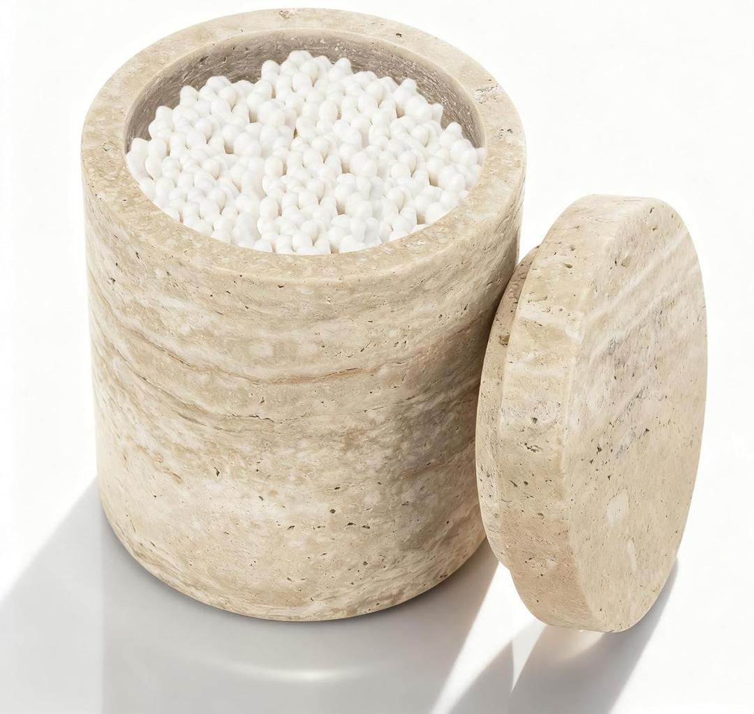 Natural Marble Canister, Cotton Swab Holder with Lid, Marble Toothbrush Holder Qtip Holder Storage for Cotton Swab, Floss Picks, Makeup Pad, Bath Salt, Beige White Travertine(NS019)