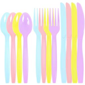 180 Pieces Pastel Plastic Silverware Heavy Duty Plastic Cutlery Set Heavyweight Disposable Utensils Includes Spoons Forks Knives for Birthday Wedding Party Dinner, Macaron Colors