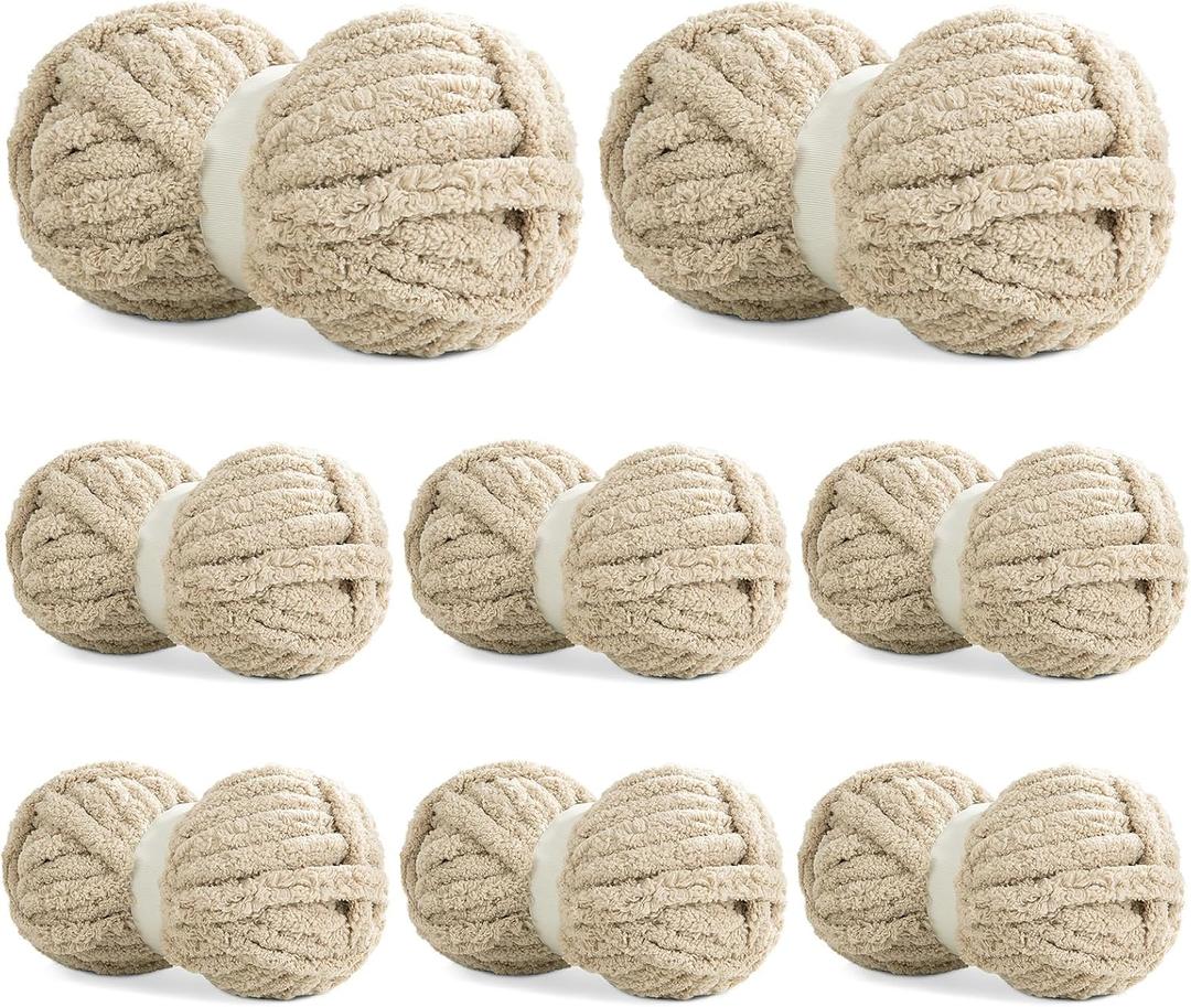 8 Pack Chunky Chenille Yarn for Crocheting & Knitting, 29.5yds 5 oz Each Skein Soft Fluffy Kitting Set, Thick Velvet Plush Yarn for Handcrafts Weaving Making Blankets (Khaki)