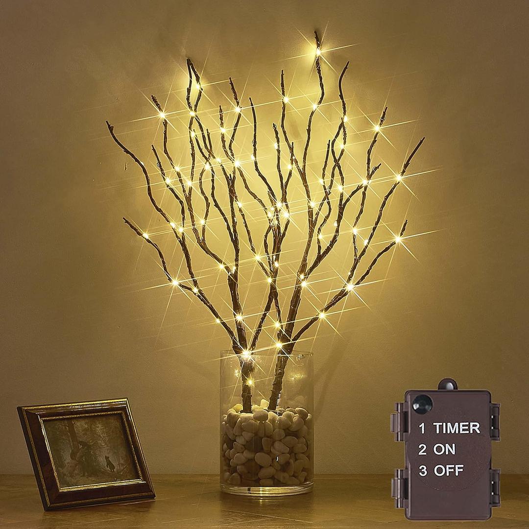 Hairui Twig Branches with Fairy LED Lights 18IN 70LED Battery Operated Lighted Brown Willow Branches for Home Witner Christmas Decoration Indoor Outdoor Use (Vase Excluded)