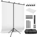 White Backdrop with Stand for Photoshoot, 5X6.5ft White Photo Backdrop with T Shape Background Backdrop Stand for Photography, Portable Photo Backdrop Curtain Stand Kit w Carrying Bag 5 Spring Clamps