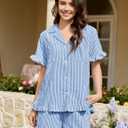 Kissonic Womens Striped Pajamas Set 2 Piece Cotton Short Sleeve Ruffle Pajama V Neck Striped Pjs Lounge (S)