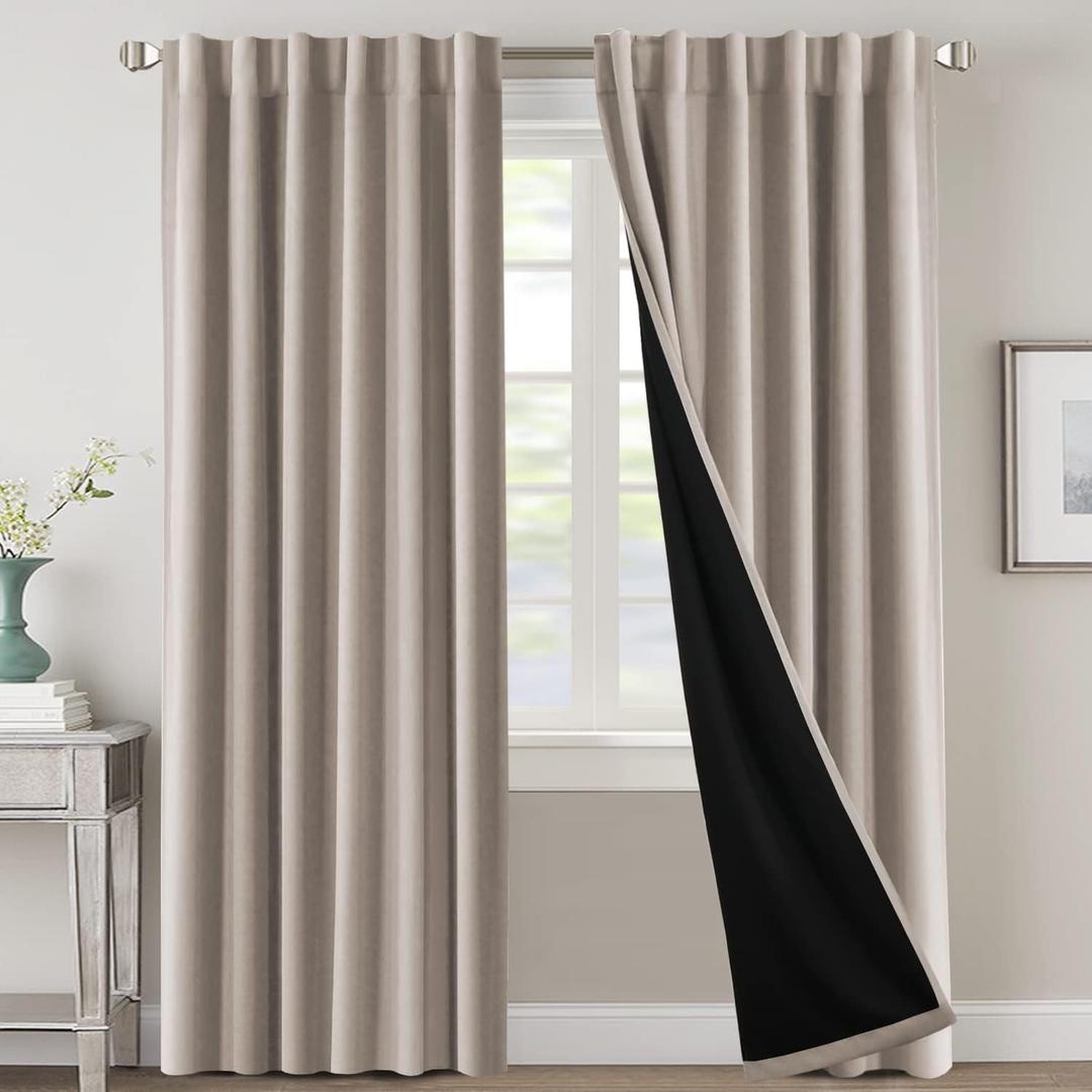 2 x H.VERSAILTEX 100% Blackout Curtains for Bedroom with Black Liner Full Room Darkening Curtains 84 Inch Long Thermal Insulated Back Tab/Rod Pocket Window Drapes for Living Room, 2 Panels, Natural Sand