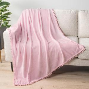 PAVILIA Fleece Throw Blanket for Couch with Pom Pom Fringe, Light Pink, Soft Cozy Fuzzy Flannel Blanket for Sofa Bed, Lightweight Plush All Season Throw, 50x60 Inches (50"x60")