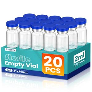 2ml Sterile Vials with Self Healing Injection Port and Sealing Cap, Glass Sterile Vials for Injections (20 Pack)