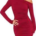 OZICERD Long Sleeve Bodycon Off The Shoulder Dresses for Women Casual Fall Going Out Club Party Short Mini Dress Cute Ruched (Small, Burgundy Red)