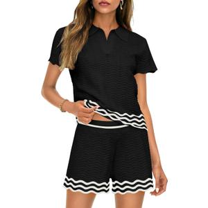 Saodimallsu Womens Sweater Sets 2 Piece Outfits Short Sleeve Polo V Neck Knit Tops Waves Shorts Matching Lounge Set (XLarge, Black)