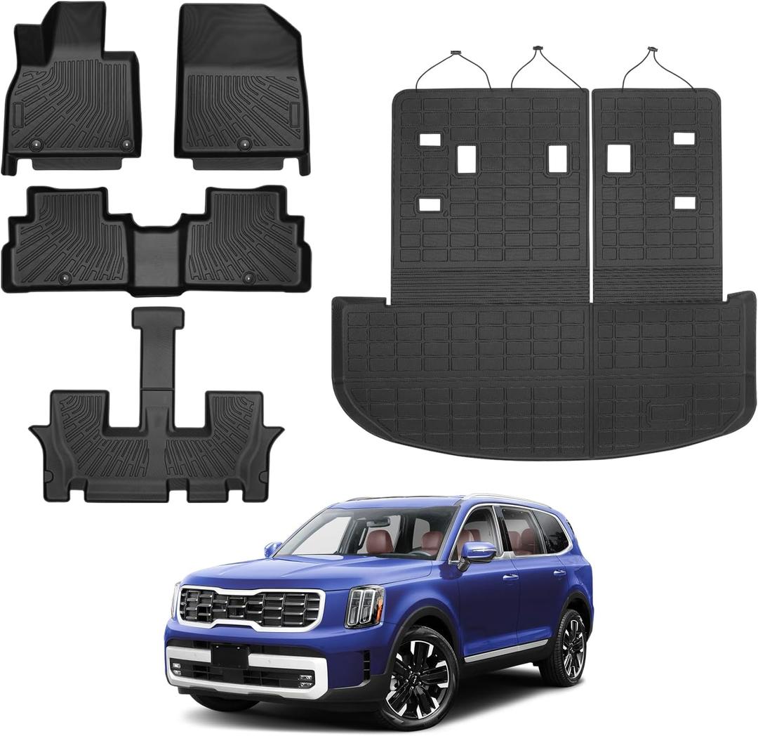 Powerty Floor Mats for 2020-2025 Kia Telluride 7/8 Passenger Car Mats Accessories, All Weather TPE Custom 2-in-1 Cargo Liner Seat Back Covers Protectors Replacement (Floor Mat + 2-in-1 Trunk Mat)