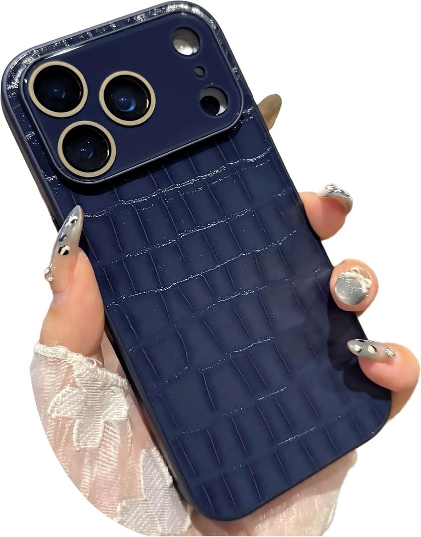 Case for iPhone,Crocodile Synthetic PU Leather Pattern,Camera Lens Protector,Solid Color Soft TPU Frame Wear-Resistant Military Grade Drop Protection Shockproof CoverBlue,iPhone 16 Pro