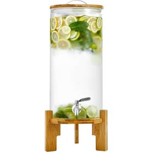 Beverage Dispenser 2.9 Gallon with Spigot Glass Water Dispenser for Parties, Bars, Restaurants (11Lwith Wood Stand Drink Dispensers