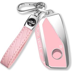 QBUC for BMW Key Fob Cover with Keychain Chrome Silver Trim Soft TPU Protection Case Compatible with 2023-2025 BMW 7 Series 740 760i I5 I7 IX X1 X5 X6 X7 XM (Pink)