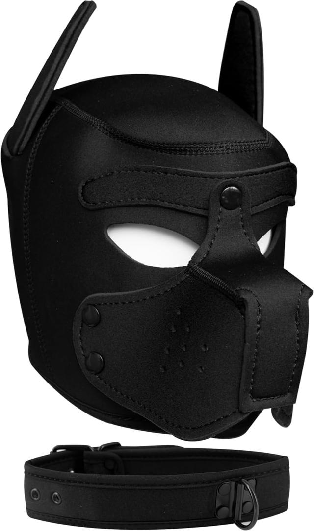 Pup Hood, Neoprene Puppy Mask with Removable Muzzle and Collar, Full Dog Face (9color) (Black)