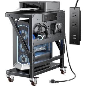 POKIPO Computer Tower Stand with Charge Station and USB Port,Pc CPU Holder Cart for Floor Carpet with Wheels,Heavy Duty Metal,Adjustable Height,Rolling Pc Printer Desktop Under Desk for Home Office