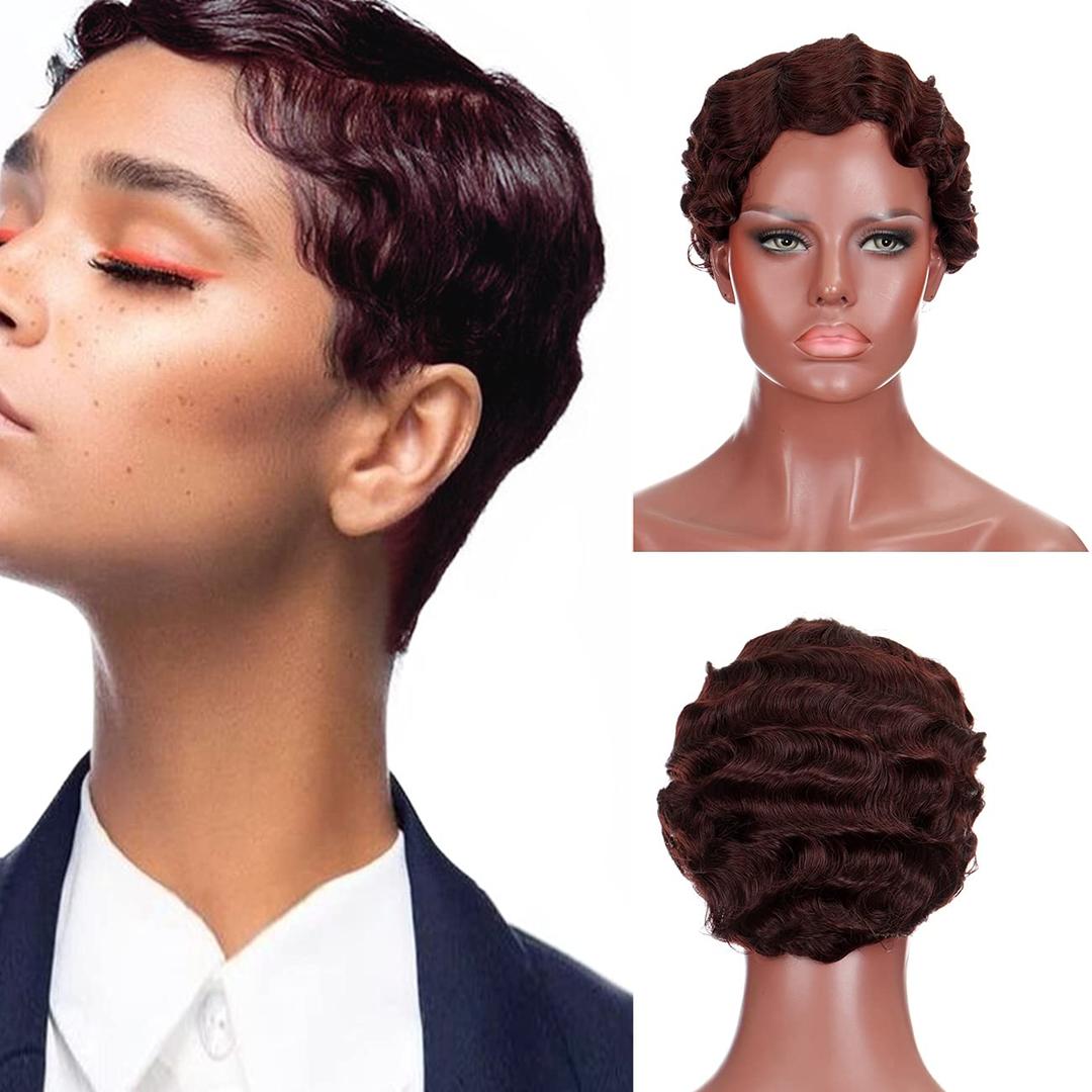 15 Colors Women Black Blonde Golden Brown Pink Blue Red Short Finger Wave Curly Wigs Nuna Wigs Janet Collection (Dark brown)