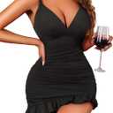 Avidlove Lingerie for Women Sexy Mini Bodycon Dress Ruched Club Outfits | Short Nightgown, Spaghetti Strap, Deep V, Elastic, Plus Size, Date Night, Wedding Sleepwear, Going Out, Graduation, Party (Black, L)