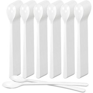 Long Handle Plastic Spoons, 100 Count Heavy Duty Disposable Sundae Spoons for Ice Cream Floats, Milkshakes, BPA-Free Bulk Utensils (White)