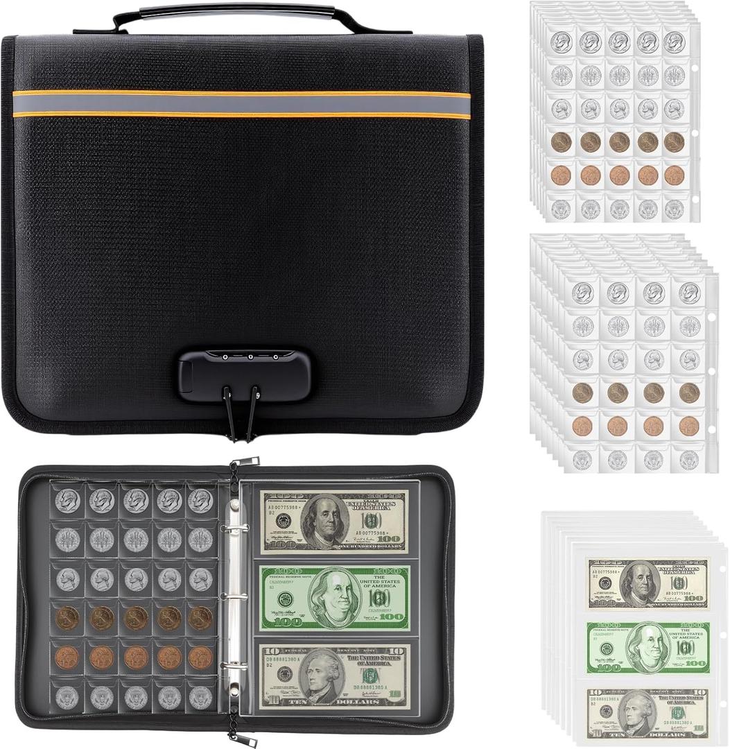 Coin Collection Book Holders for Collectors with Combination Lock, Fireproof and Waterproof Coin Album with 520 Pockets and 36 Bills Coin Binder for Currency Collection Items Such as Coins, Stamps