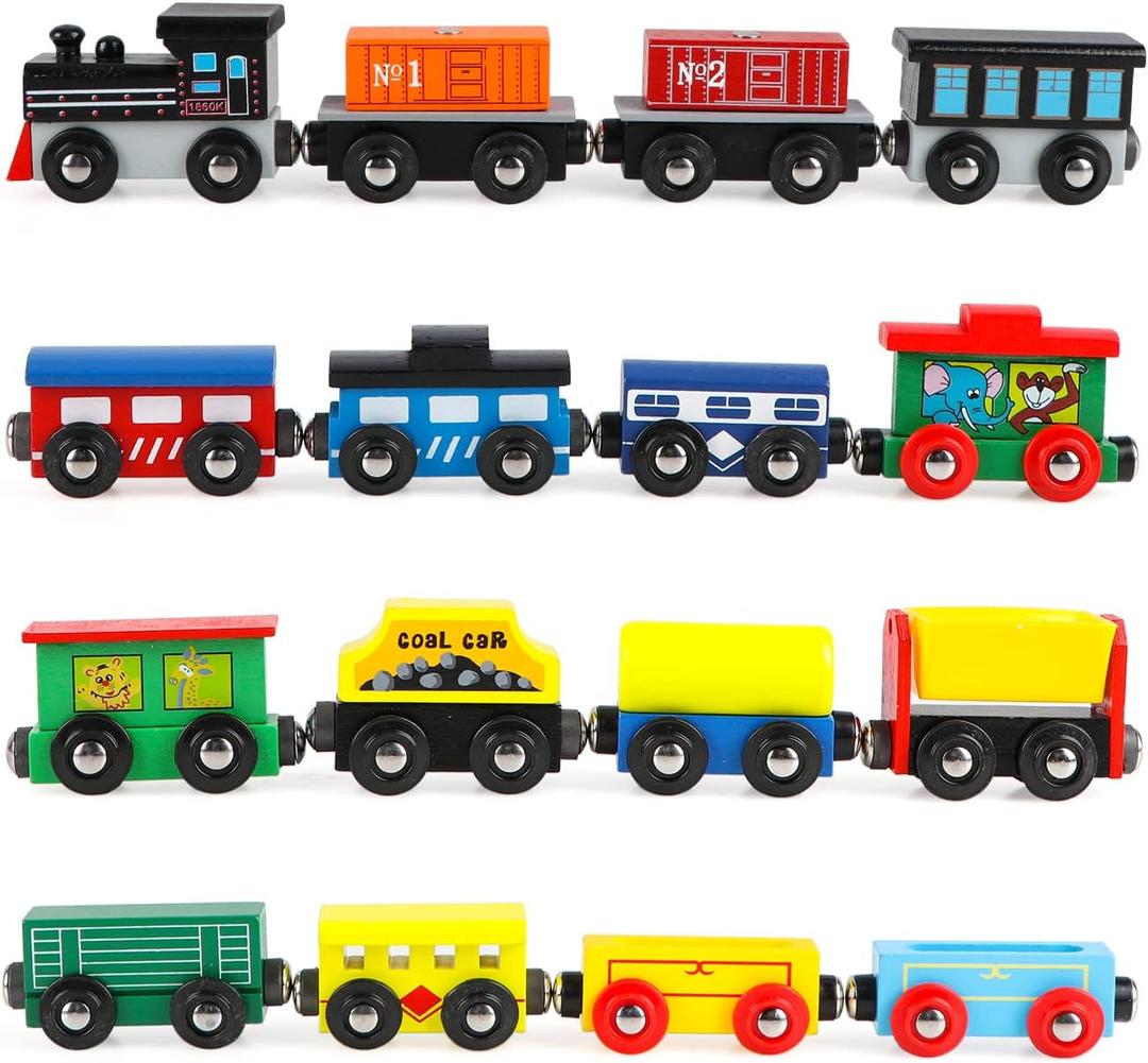 Wondertoys Wooden Train Set 16 PCS Train Toys Magnetic Set Includes Storage Bag - Wooden Track Accessories - Wooden Magnetic Car Set for Toddlers Kids Boys and Girls