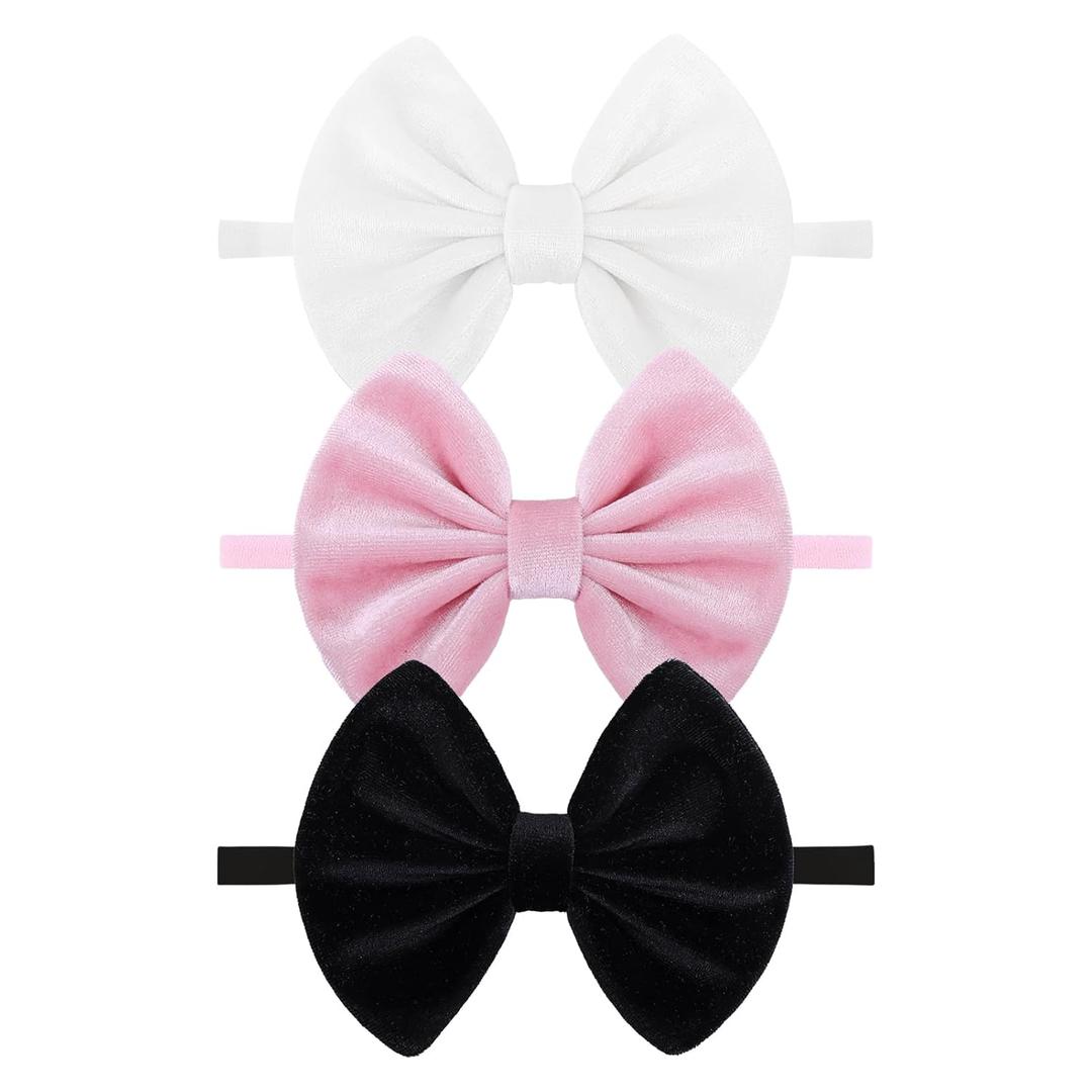 Velvet Baby Girl Bows Soft Elastic Nylon Headbands for Girls Hair Band Bows Black White Pink Handmade Newborn Bows Infant Toddler Kid Hair Accessories (3-BWP)