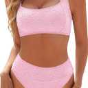 Blooming Jelly Womens High Waisted Bikini Set Tie Strap Jacquard Terry Cloth 2 Piece Swimsuit Modest Cute Retro Bathing Suit (Large, Light Pink)