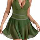Womens One Piece Swim Dress Swimsuit Tummy Control Bathing Suit Halter Mesh Sheer Swimwear (Green, S)