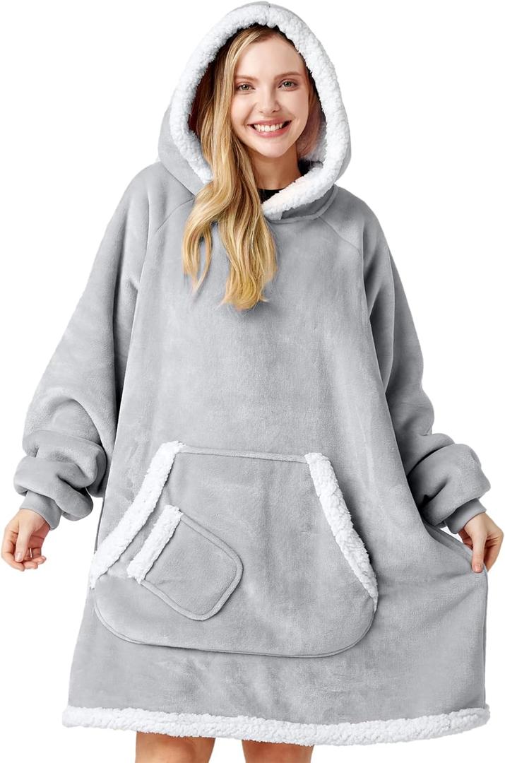 Giggling Getup Wearable Blanket Hoodie for Women and Men Gifts for Women Mom Wife Sherpa Fleece Hooded Blanket Sweatshirt Warm Cozy Sherpa Wearable Throw with Pocket & Sleeves for Adult Standard Gray