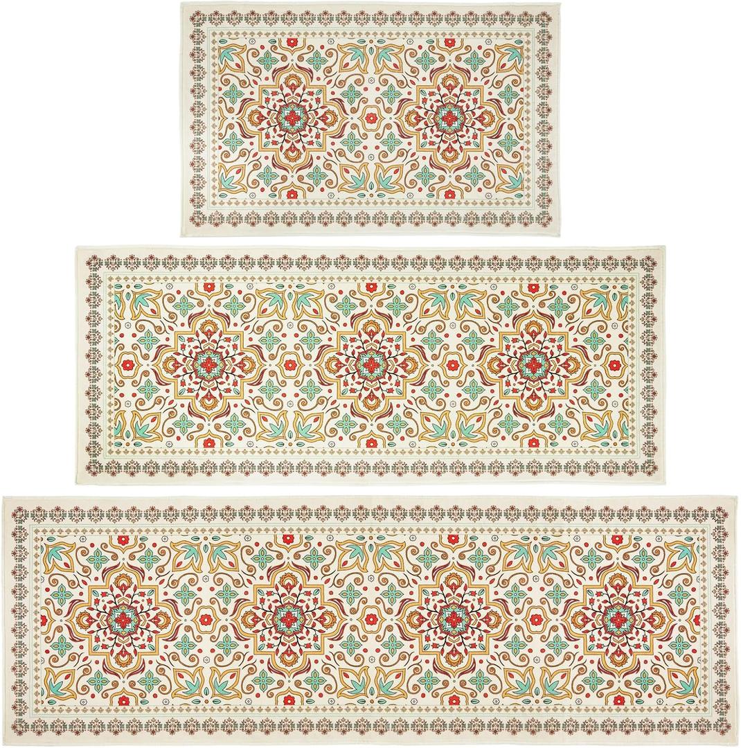 Boho Vintage Persian Kitchen Rugs Set of 3, Washable Faux Wool Kitchen Mats, 20''x32''+20"x48"+20"x60"