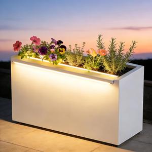 GSK 30" L White LED Metal Planter with Light Outdoor Illuminate Lighting Patio Rectangular Flower Box Rectangle Trough Drainage Holes Indoor Balcony Garden, 16.1"H10"W30"L