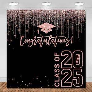 Class of 2025 Graduation Backdrop 6x6ft Rose Gold Congratulations Graduates Background Party Decorations Pink and Black 2025 Congrats Grad Banner Photo Booth Props