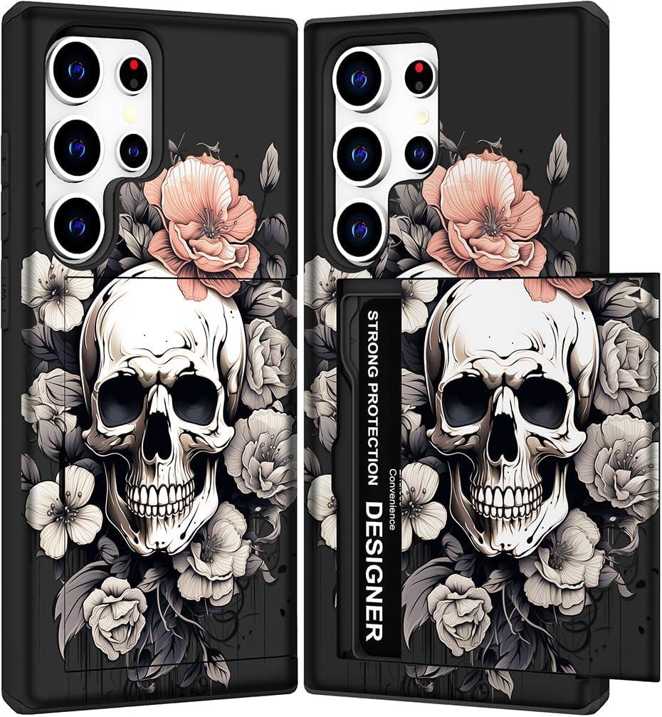 for Samsung Galaxy S23 Ultra Case - Black Bone Skull | Cute Wallet Cases For Women With Design,Rugged Credit Card Holder Slot Protective Phone Skin