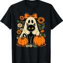 Retro Floral Ghost Coquette Bow Pumpkin Halloween Black Cat T-Shirt