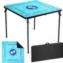 34" Mahjong Table & Mat Set, Square Foldable Folding Card Table with Non-Slip Waterproof Rubber Mat, Steel Legs & Carry Handle, Portable for American Mahjong/Party/Camping/Indoor Outdoor Use(Black)