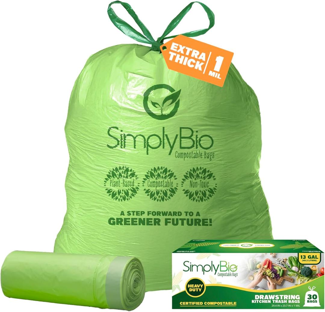 13 Gallon Compostable Trash Bags Liners Drawstring, Heavy Duty Extra Thick 1 Mil, 49.21 Liter, 30 Bags, Tall Kitchen Food Scrap Waste Bag, ASTM D6400, US BPI and OK Compost Home Certified (1 Count (Pack of 30))