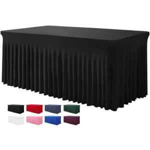Table Skirts for Rectangle Tables 8ft - One-Piece Black Tablecloths and Skirt, Wrinkle Resistant Ruffles Elastic Cover for Banquets, Weddings, Events, Parties (96" x 30" (Rectangular))